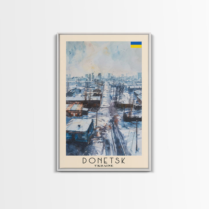 Donetsk Ukraine Winter Scene Framed Canvas Print, Watercolor Travel Poster, Ukrainian Urban Art, Cold Season Decor, Unique Wall Art, Living Room Decoration