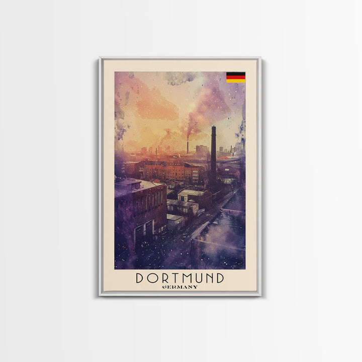 Dortmund Germany Industrial Cityscape Framed Canvas Print, Watercolor Travel Poster, German Urban Art, Modern Home Decor, Industrial Wall Art, Living Room Design
