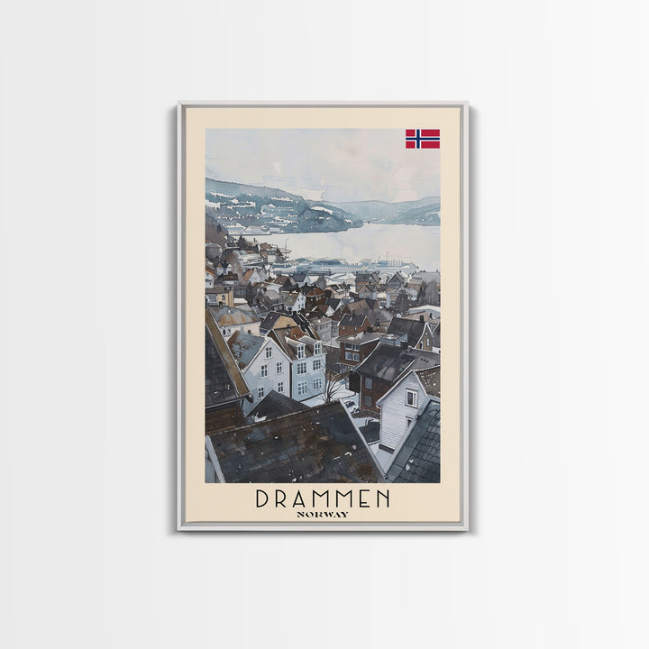 Drammen Norway Serene Landscape Framed Canvas Print, Watercolor Travel Poster, Norwegian Scenic Art, Tranquil Home Decor, Peaceful Wall Art, Living Room Beauty