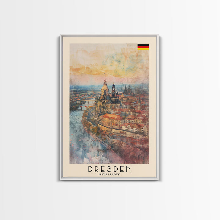 Dresden Germany Architectural Marvel Framed Canvas Print, Watercolor Travel Poster, German Historical Art, Elegant Home Decor, Classic Wall Art, Living Room Centerpiece