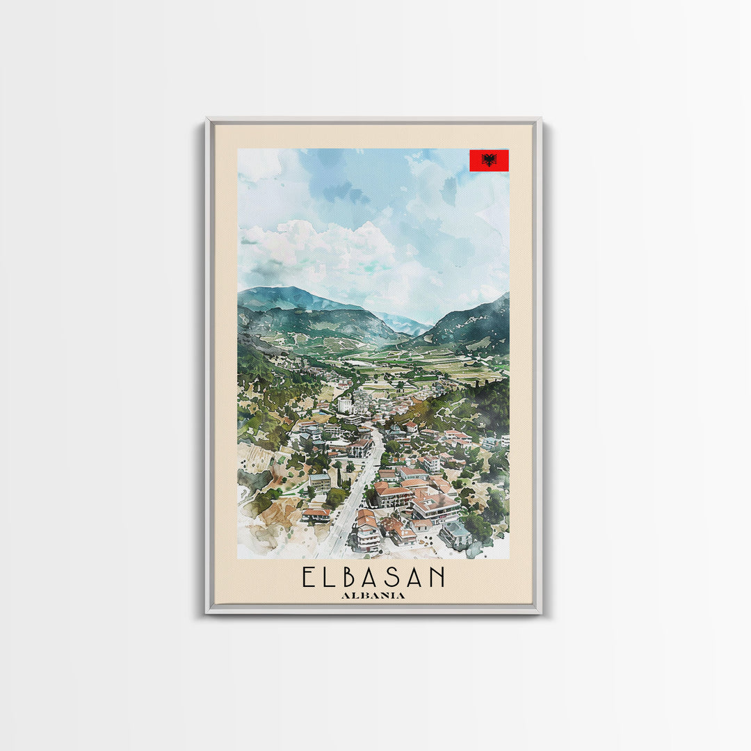 Elbasan, Albania Framed Canvas Print. Mountain Charm Wall Art for Living Room or Bedroom, Scenic Travel Poster Decor.