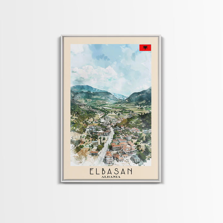 Elbasan, Albania Framed Canvas Print. Mountain Charm Wall Art for Living Room or Bedroom, Scenic Travel Poster Decor.