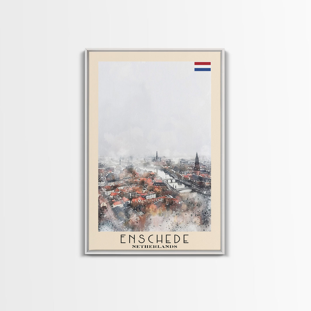 Enschede, Netherlands Framed Canvas Print. Urban Winter Wall Art for Living Room or Bedroom Decor, Travel Poster Art.
