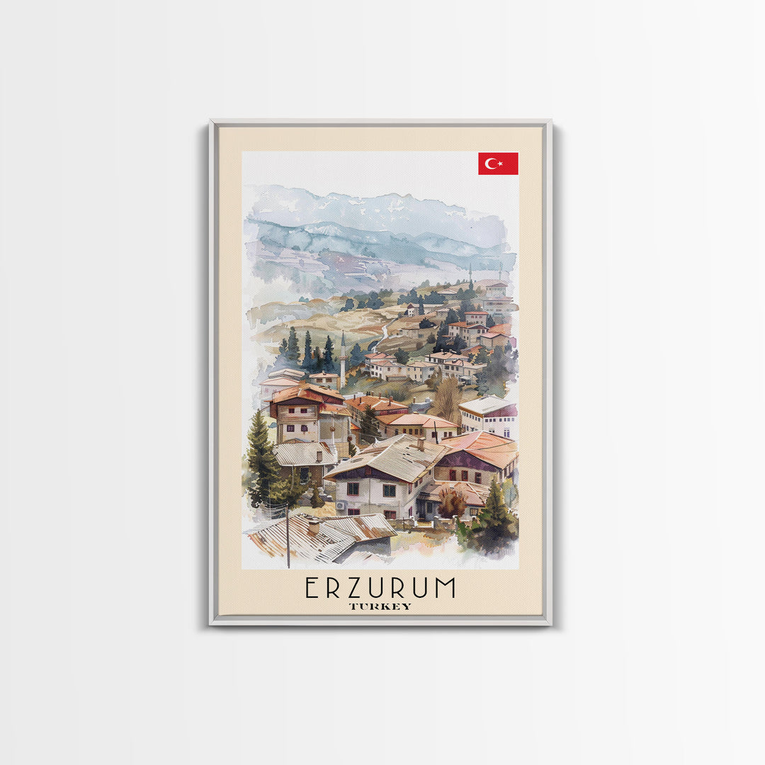 Erzurum Turkey Scenic Watercolor Framed Canvas Print, Stunning Travel Poster Art for Living Room and Bedroom Wall Decor