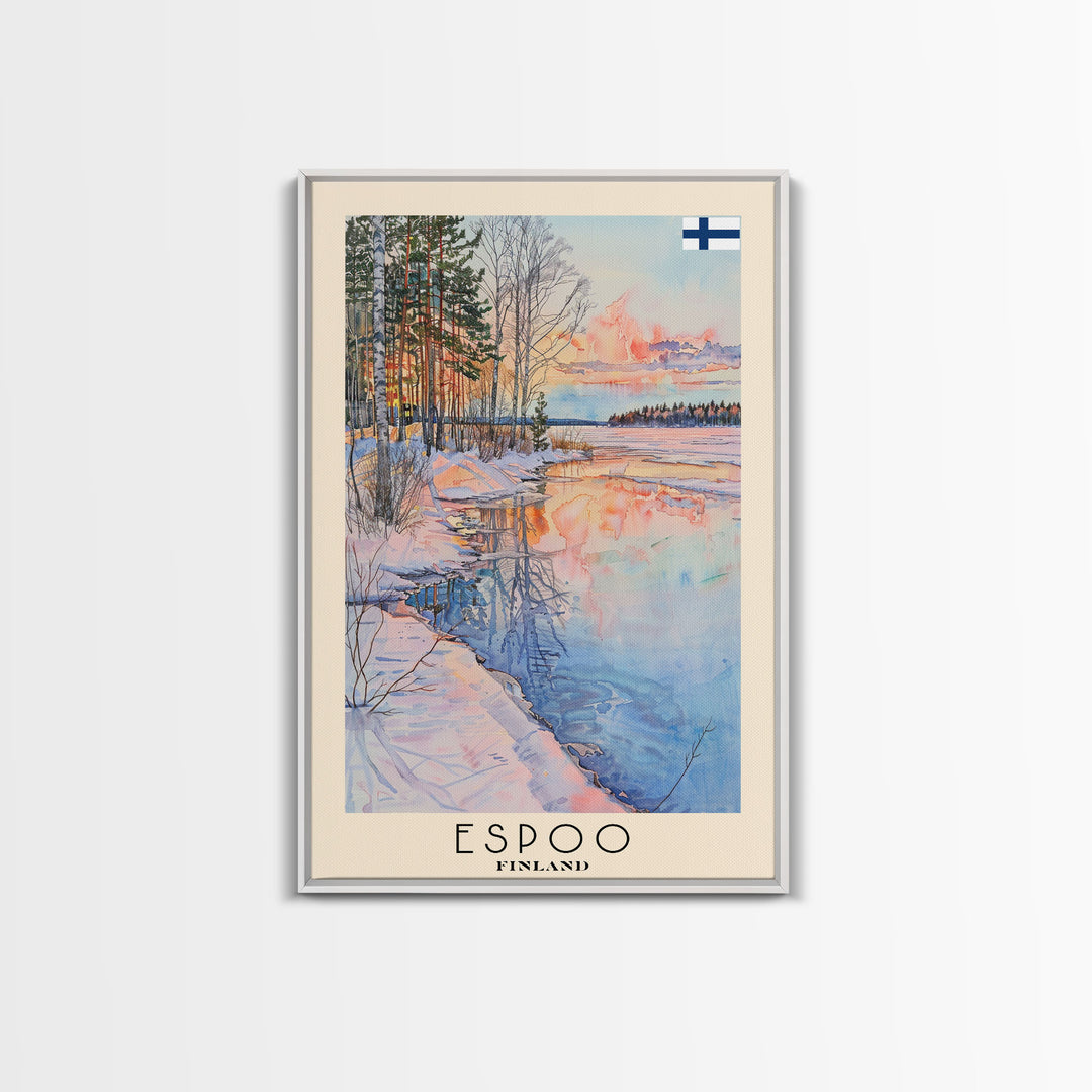 Espoo Finland Serene Landscape Watercolor Framed Canvas Print, Tranquil Travel Poster Art for Home and Office Wall Decor