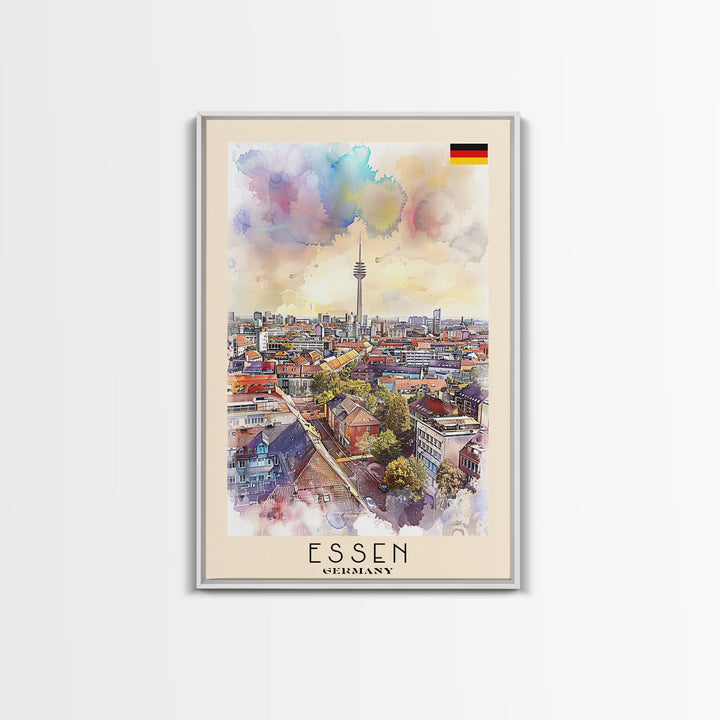 Essen Germany Vibrant Cityscape Watercolor Framed Canvas Print, Dynamic Travel Poster Art for Living Room and Bedroom Decor