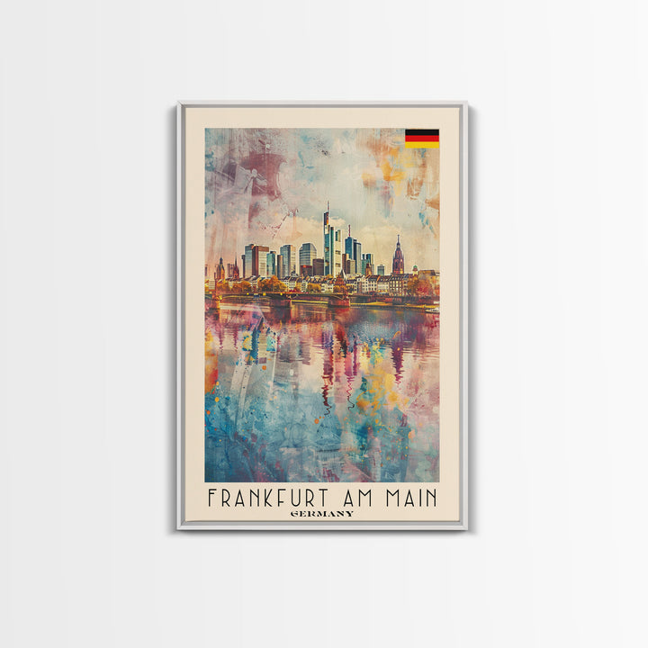 Frankfurt Germany Modern Skyline Watercolor Framed Canvas Print, Contemporary Travel Poster Art for Home and Office Wall Decor