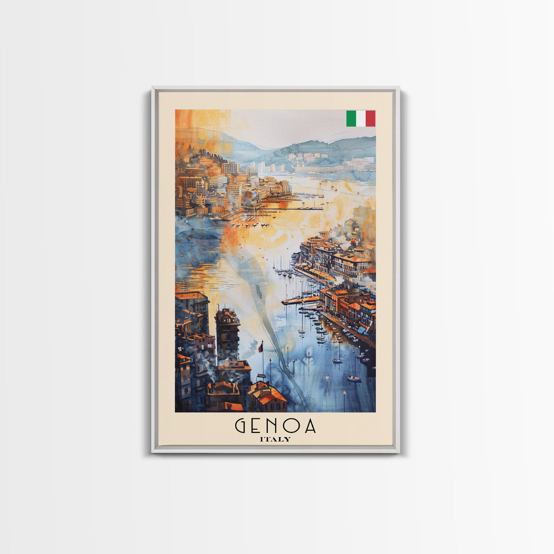 Genoa Italy Watercolor Cityscape Art, Framed Canvas Print, Wall Art for Living Room, Travel Poster Art, Home Decor, Italian Art