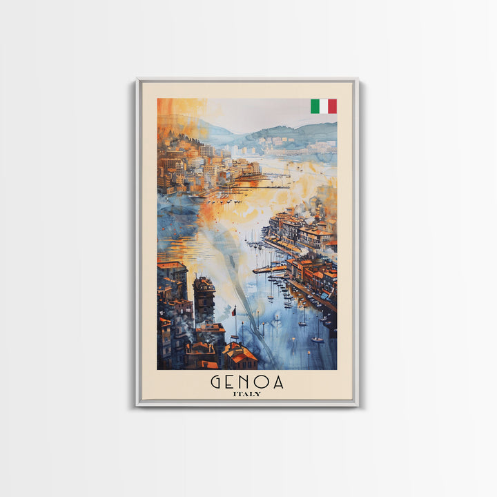 Genoa Italy Watercolor Cityscape Art, Framed Canvas Print, Wall Art for Living Room, Travel Poster Art, Home Decor, Italian Art