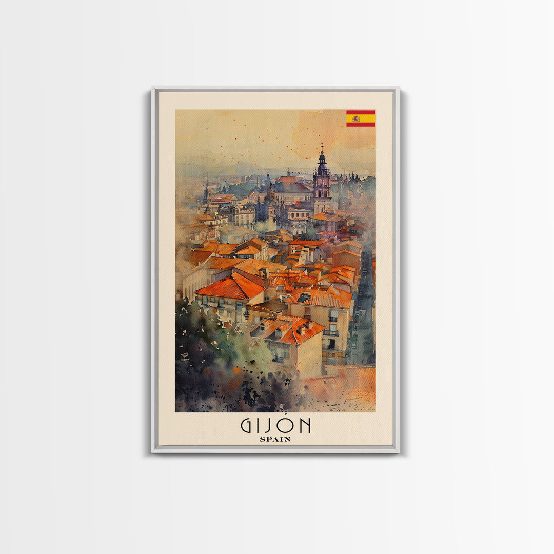 Gijon Spain City View Art, Framed Canvas Print, Bedroom Wall Art, Travel Poster Art, Unique Home Decor