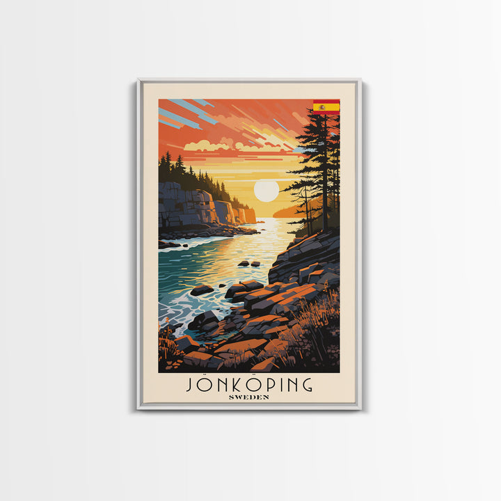 Jonkoping Sweden Lakeside View, Framed Canvas Print, Travel Poster, Serene Wall Art, Bedroom Decor, Scandinavian Cityscape, Modern Home Decoration