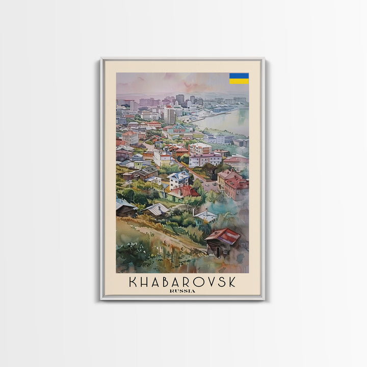 Khabarovsk Russia Riverside View, Framed Canvas Print, Travel Poster, Wall Art, Home Decor, Living Room Decoration, Russian Cityscape Art
