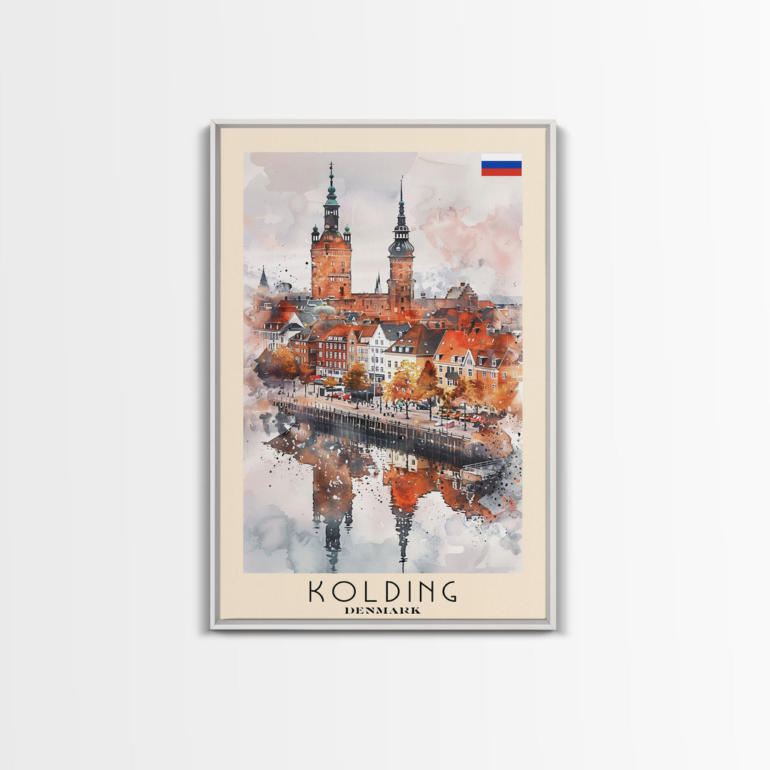 Kolding Denmark Waterfront View, Framed Canvas Print, Travel Poster, Wall Art, Kitchen Decor, Danish Urban Painting, Waterfront Scenery