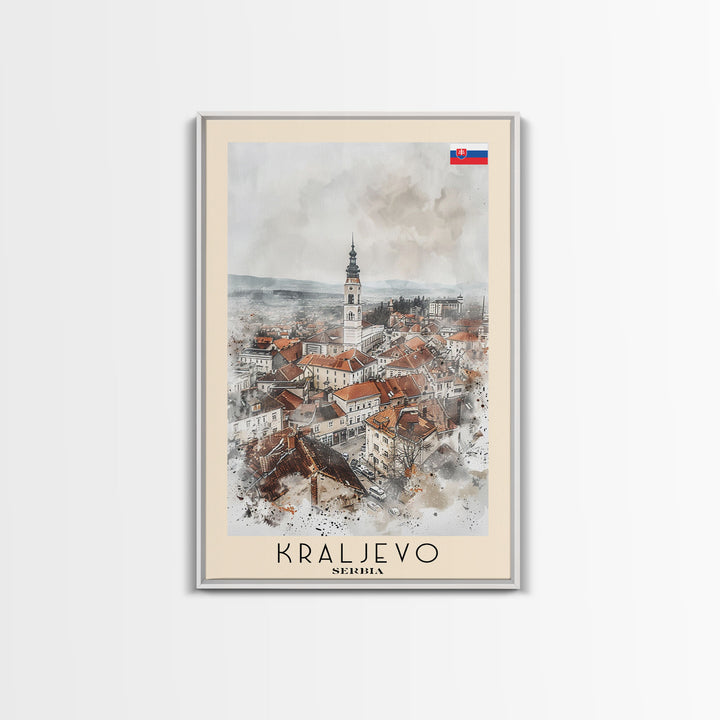 Kraljevo Serbia Travel Poster Framed Canvas Print, Urban Landscape, Watercolor Wall Art, Home Decor, Original Art, Travel Print