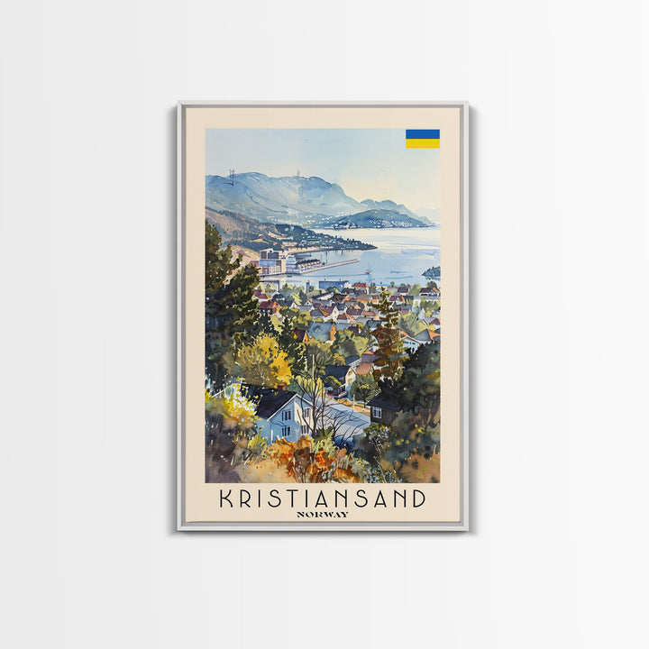 Kristiansand Norway Travel Poster Framed Canvas Print, Scenic Landscape Art, Watercolor Painting, Home Decoration, Travel Print, Artistic Gift