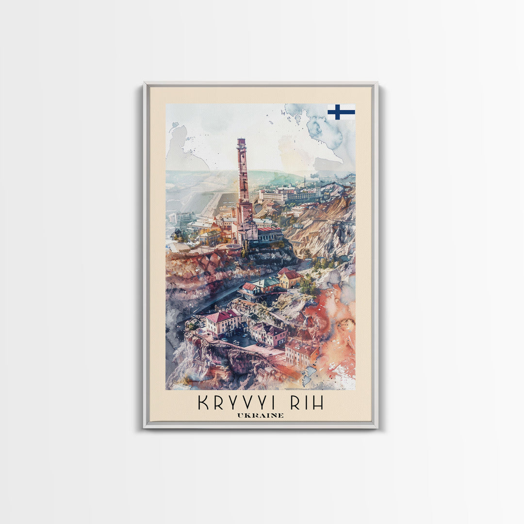Kryvyi Rih Ukraine Travel Poster Framed Canvas Print, Watercolor Cityscape, Home Decor, Wall Art, Travel Print, Original Art