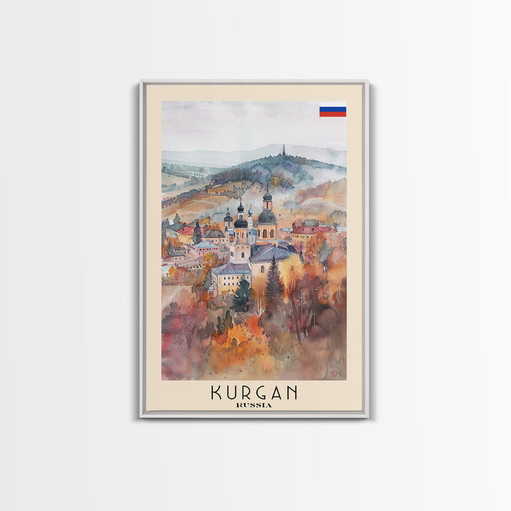 Kurgan Russia Travel Poster Framed Canvas Print, Urban Landscape, Watercolor Art, Wall Decor, Home Decoration, Travel Print, Original Art