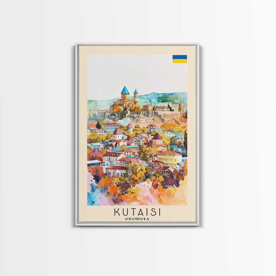 Kutaisi Georgia Travel Poster Framed Canvas Print, Scenic Landscape, Watercolor Art, Wall Decor, Home Decoration, Travel Print, Original Art