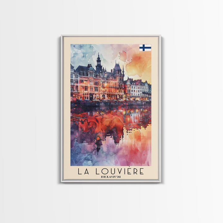 La Louviere Belgium Travel Poster Framed Canvas Print, Urban Landscape, Watercolor Art, Wall Decor, Home Decor, Travel Print, Original Art