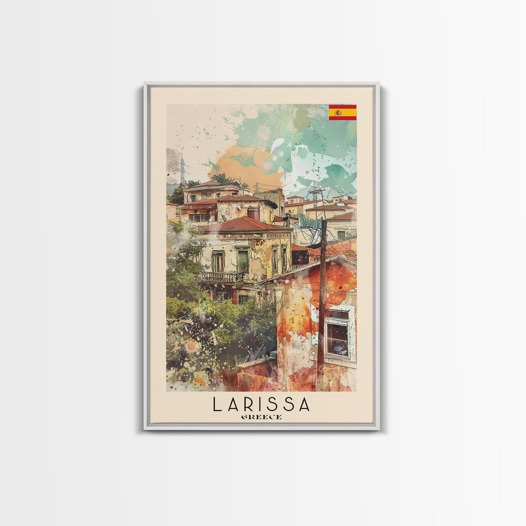 Larissa Greece Travel Poster Framed Canvas Print, Urban Landscape, Watercolor Art, Wall Decor, Home Decoration, Travel Print, Original Art