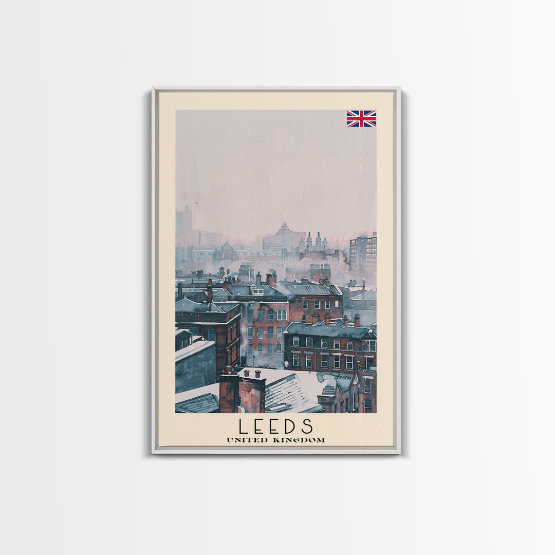 Leeds United Kingdom Travel Poster Framed Canvas Print, Urban Cityscape, Watercolor Art, Wall Decoration, Travel Print, Unique Art Gift