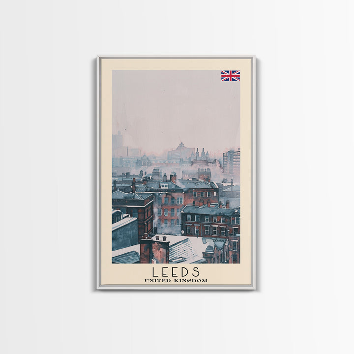 Leeds United Kingdom Travel Poster Framed Canvas Print, Urban Cityscape, Watercolor Art, Wall Decoration, Travel Print, Unique Art Gift