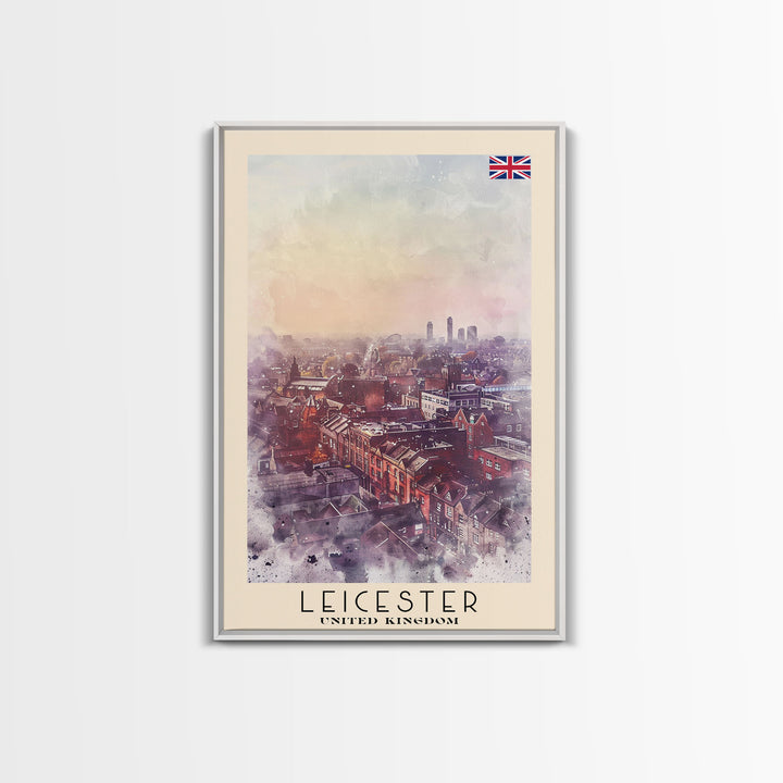 Leicester United Kingdom Travel Poster Framed Canvas Print, Historic Cityscape, Watercolor Art, Wall Decor, Home Decoration, Travel Print, Original Art