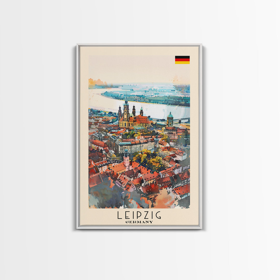 Leipzig Germany Travel Poster Framed Canvas Print, Urban Landscape, Watercolor Art, Wall Decoration, Home Decor, Travel Print, Artistic Gift