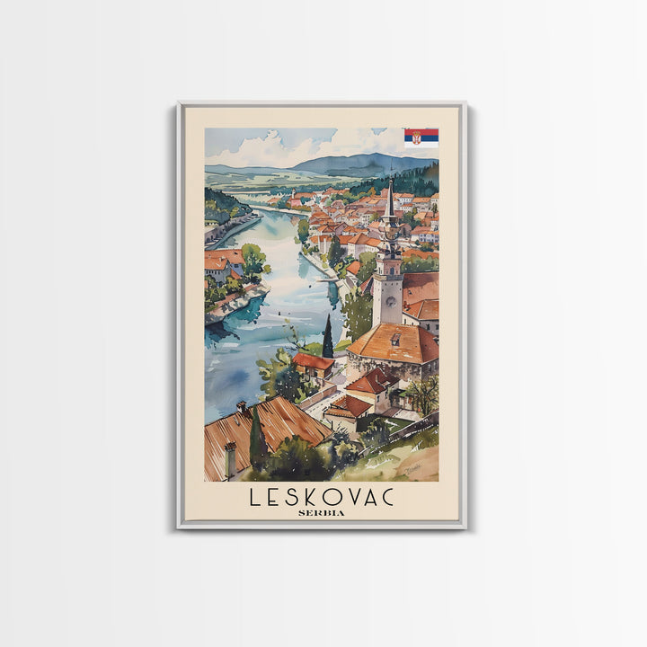 Leskovac Serbia Travel Poster Framed Canvas Print, Watercolor Cityscape, Wall Art, Home Decoration, Travel Print, Original Art, Artistic Gift