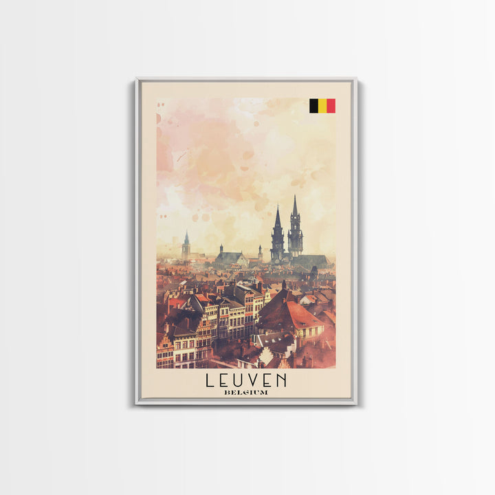 Leuven Belgium Travel Poster Framed Canvas Print, Historic Cityscape, Watercolor Art, Wall Decor, Home Decoration, Travel Print, Original Art