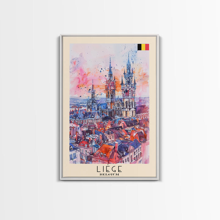 Liege Belgium Travel Poster Framed Canvas Print, Urban Landscape, Watercolor Art, Wall Decor, Home Decoration, Travel Print, Original Art