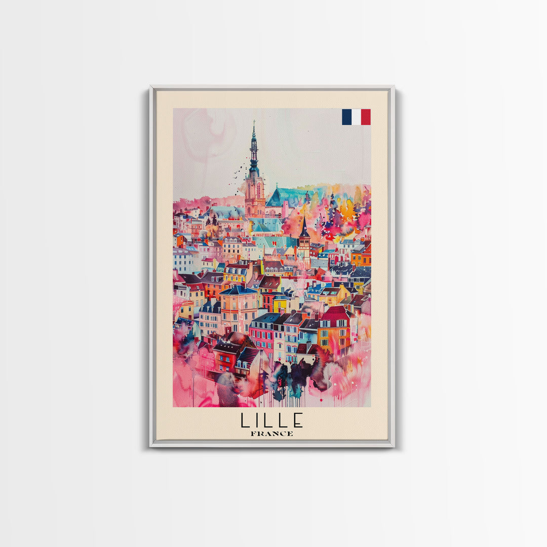 Lille France Travel Poster Framed Canvas Print, Historic Cityscape, Watercolor Painting, Wall Art, Home Decor, Travel Print, Artistic Gift