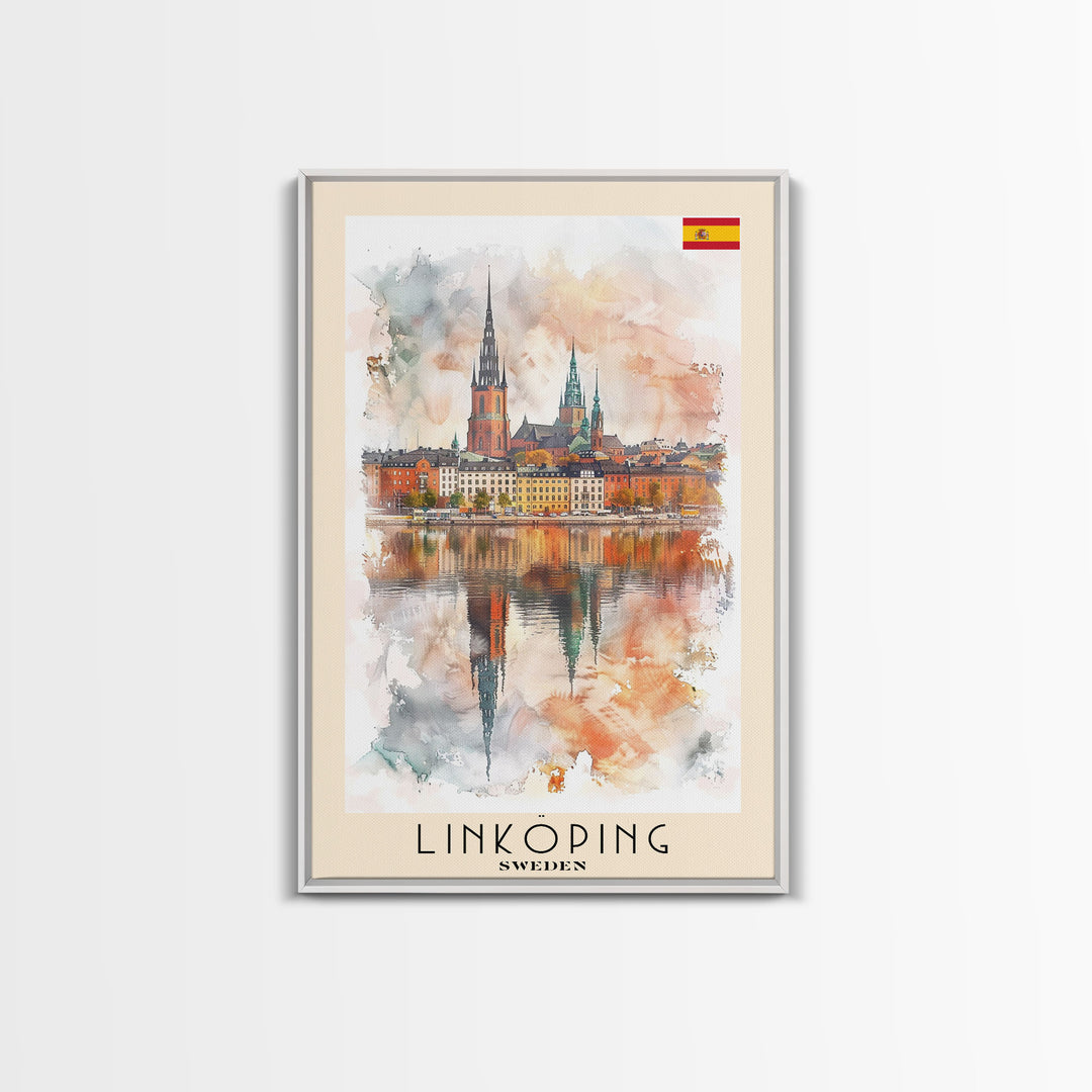 Linköping Sweden Travel Poster Framed Canvas Print, Urban Landscape, Watercolor Art, Wall Decor, Home Decoration, Travel Print, Original Art