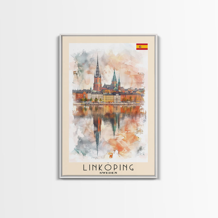 Linköping Sweden Travel Poster Framed Canvas Print, Urban Landscape, Watercolor Art, Wall Decor, Home Decoration, Travel Print, Original Art