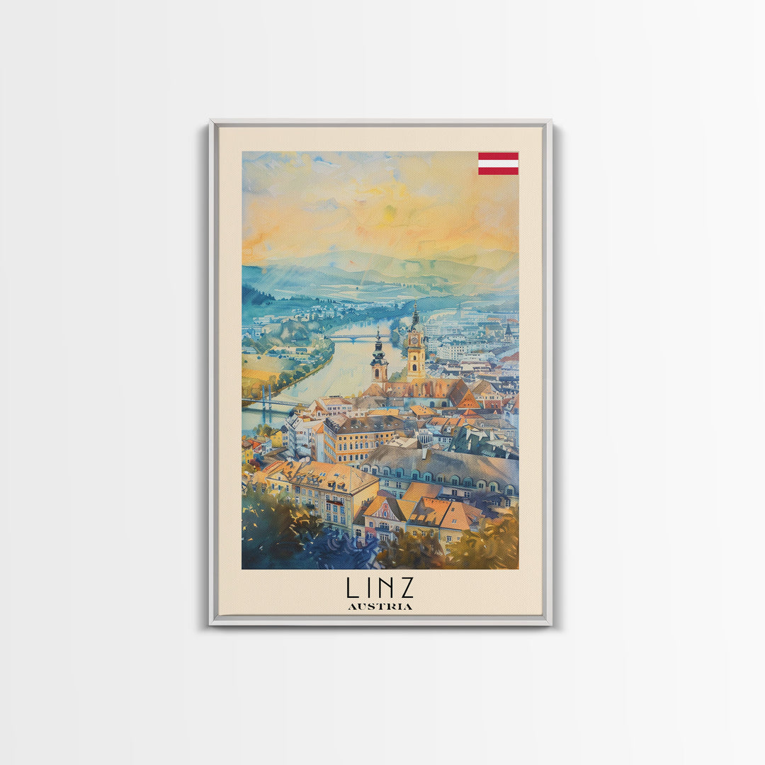 Linz Austria Travel Poster Framed Canvas Print, Scenic Landscape, Watercolor Painting, Wall Art, Home Decoration, Travel Print, Artistic Gift