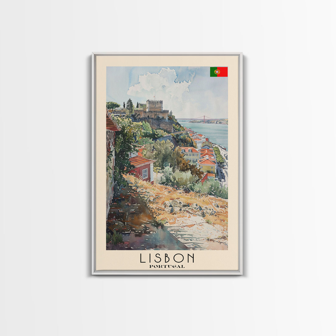 Lisbon Portugal Travel Poster Framed Canvas Print, Coastal Cityscape, Watercolor Painting, Wall Art, Home Decoration, Travel Print, Artistic Gift