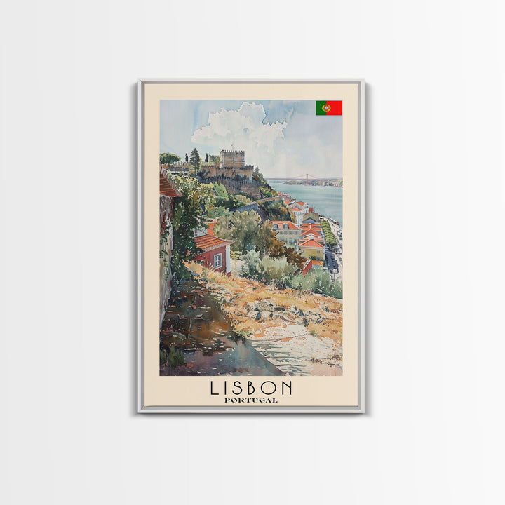 Lisbon Portugal Travel Poster Framed Canvas Print, Coastal Cityscape, Watercolor Painting, Wall Art, Home Decoration, Travel Print, Artistic Gift