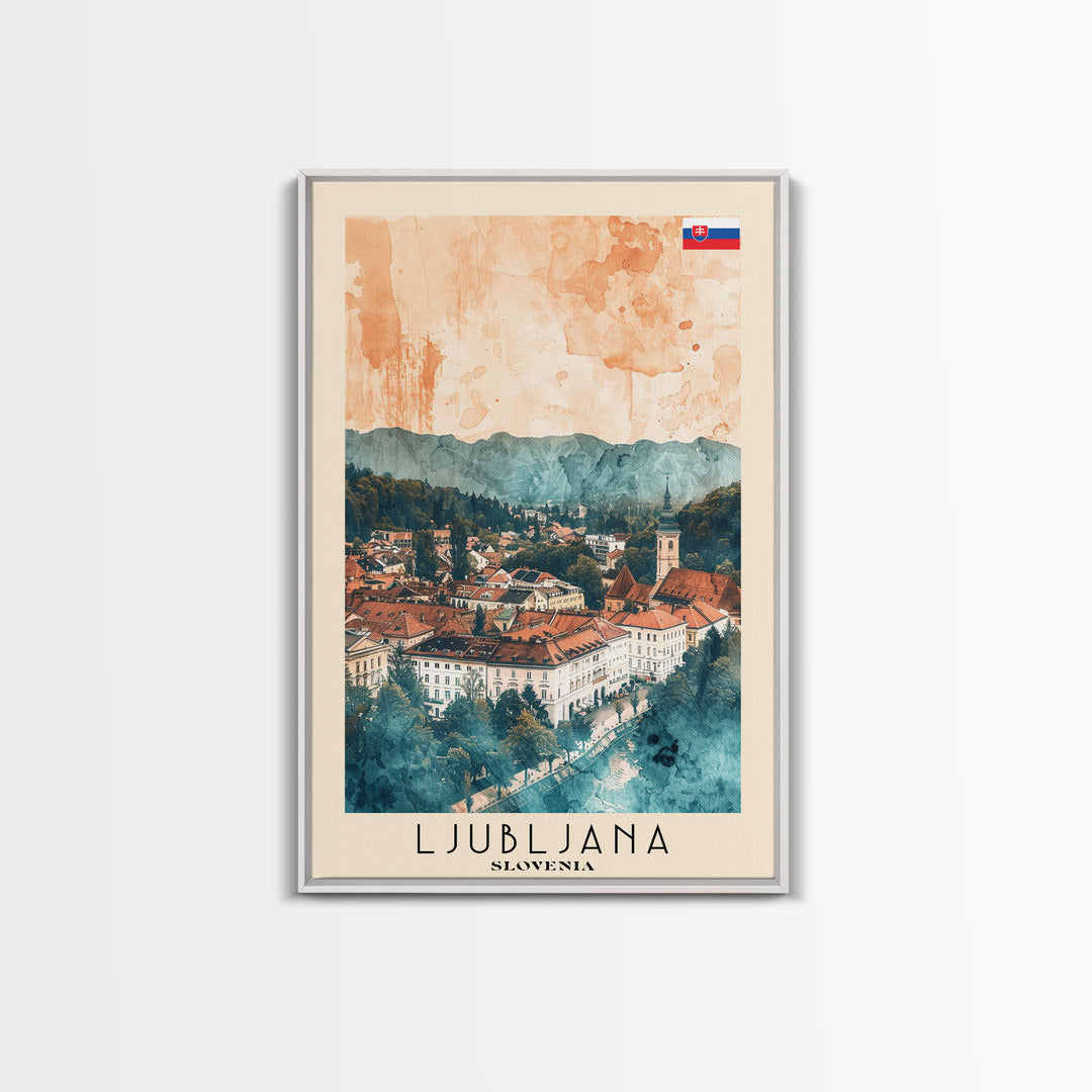 Ljubljana Slovenia Travel Poster Framed Canvas Print, Urban Landscape, Watercolor Art, Wall Decor, Home Decoration, Travel Print, Original Art