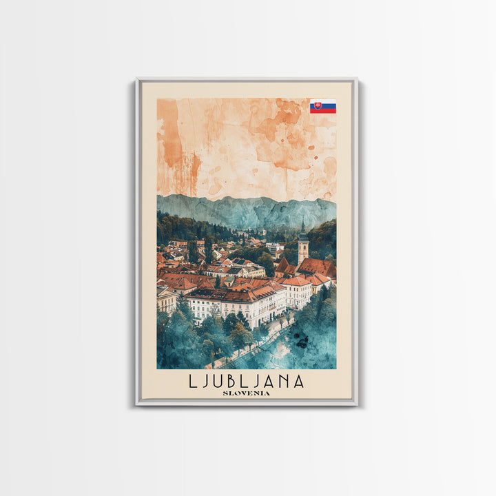 Ljubljana Slovenia Travel Poster Framed Canvas Print, Urban Landscape, Watercolor Art, Wall Decor, Home Decoration, Travel Print, Original Art