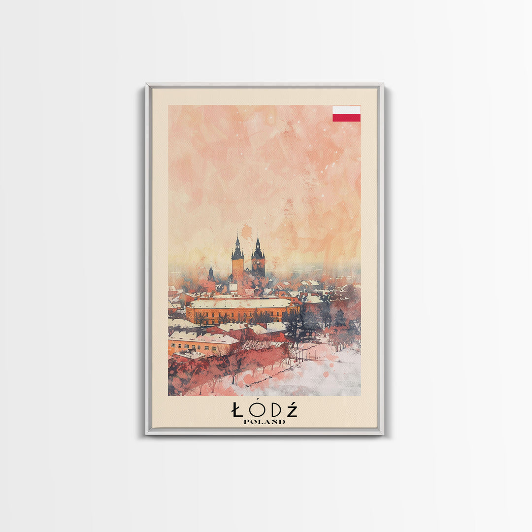 Lodz Poland Travel Poster Framed Canvas Print, Historic Cityscape, Watercolor Painting, Wall Art, Home Decor, Travel Print, Artistic Gift