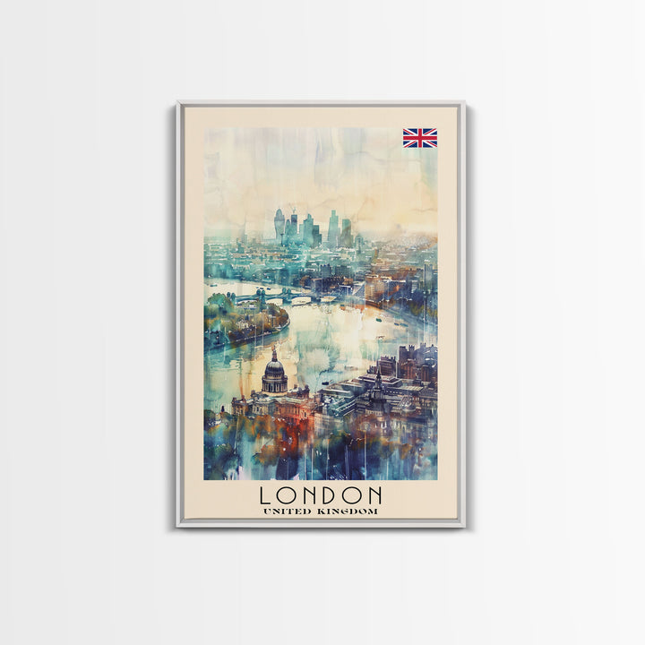 London United Kingdom Travel Poster Framed Canvas Print, Iconic Cityscape, Watercolor Art, Wall Decor, Home Decoration, Travel Print, Artistic Gift