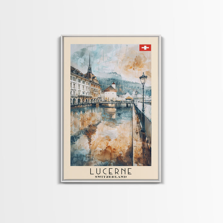 Lucerne Switzerland Travel Poster Framed Canvas Print, Scenic Landscape, Watercolor Art, Wall Decoration, Home Decor, Travel Print, Original Painting
