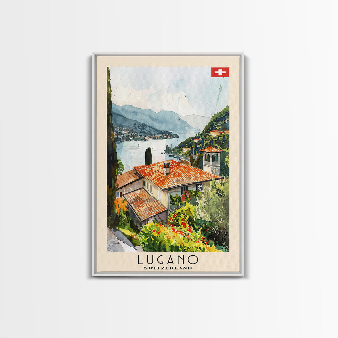 Lugano Switzerland Travel Poster Framed Canvas Print, Lakeside Cityscape, Watercolor Painting, Wall Art, Home Decoration, Travel Print, Artistic Gift