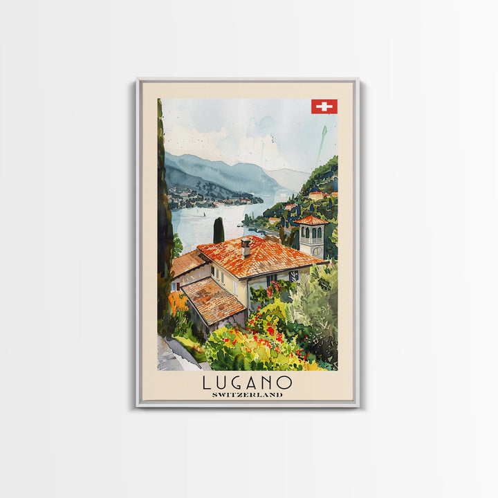 Lugano Switzerland Travel Poster Framed Canvas Print, Lakeside Cityscape, Watercolor Painting, Wall Art, Home Decoration, Travel Print, Artistic Gift