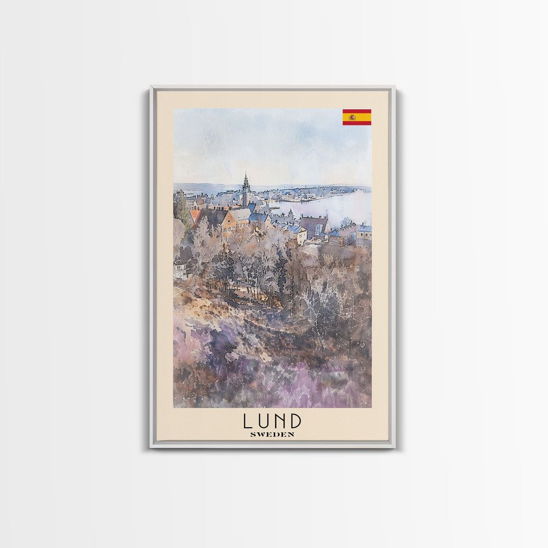 Lund Sweden Travel Poster Framed Canvas Print, Historic Cityscape, Watercolor Art, Wall Decor, Home Decoration, Travel Print, Original Art
