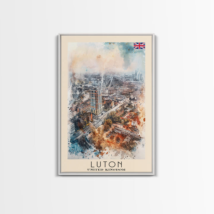 Luton United Kingdom Travel Poster Framed Canvas Print, Vibrant Cityscape, Urban Art, Wall Decor, Interior Design, Travel Print, Unique Art