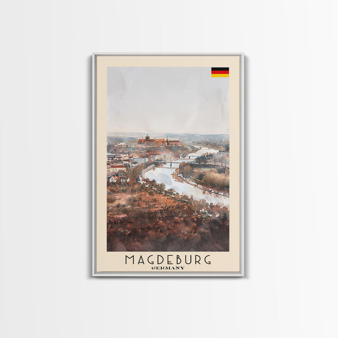 Magdeburg Germany Travel Poster Framed Canvas Print, Historic Landmarks, Watercolor Art, Wall Decor, Home Interior, Travel Print, Artistic Gift