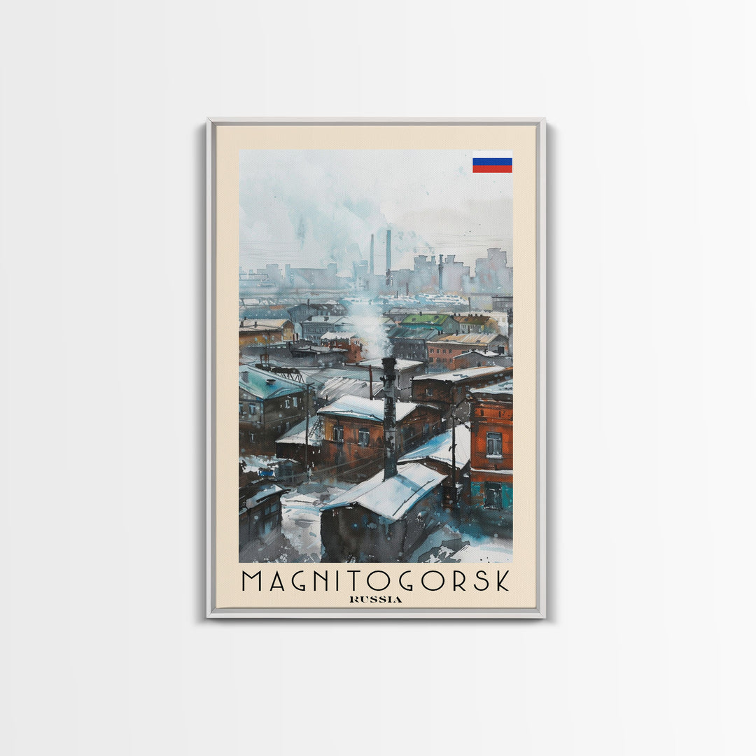 Magnitogorsk Russia Travel Poster Framed Canvas Print, Industrial Cityscape, Watercolor Painting, Wall Art, Home Decor, Travel Print, Original Piece
