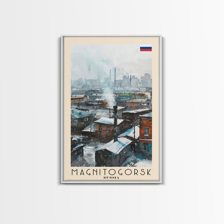 Magnitogorsk Russia Travel Poster Framed Canvas Print, Industrial Cityscape, Watercolor Painting, Wall Art, Home Decor, Travel Print, Original Piece