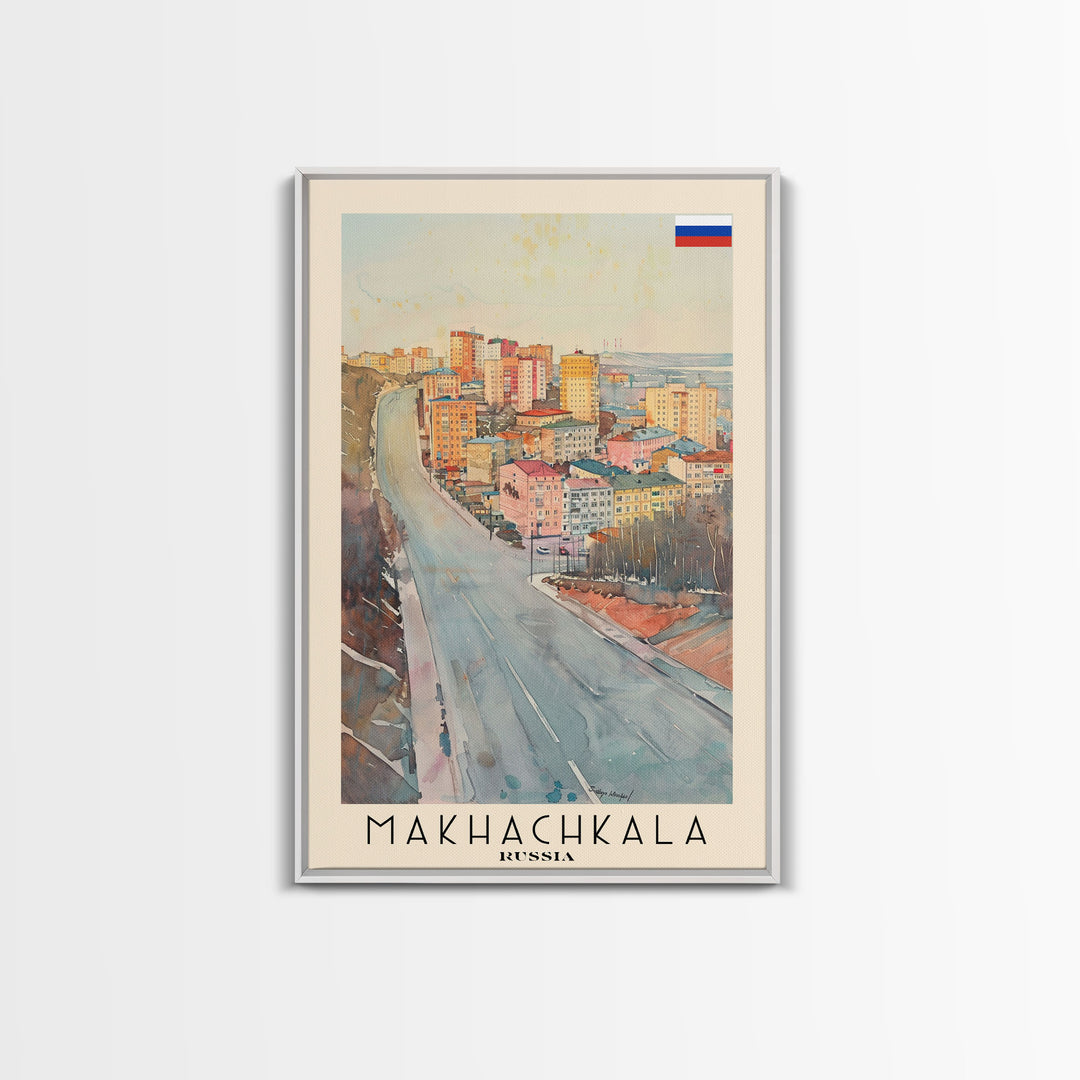 Makhachkala Russia Travel Poster Framed Canvas Print, Coastal Cityscape, Watercolor Art, Wall Hanging, Home Decor, Travel Print, Artistic Gift